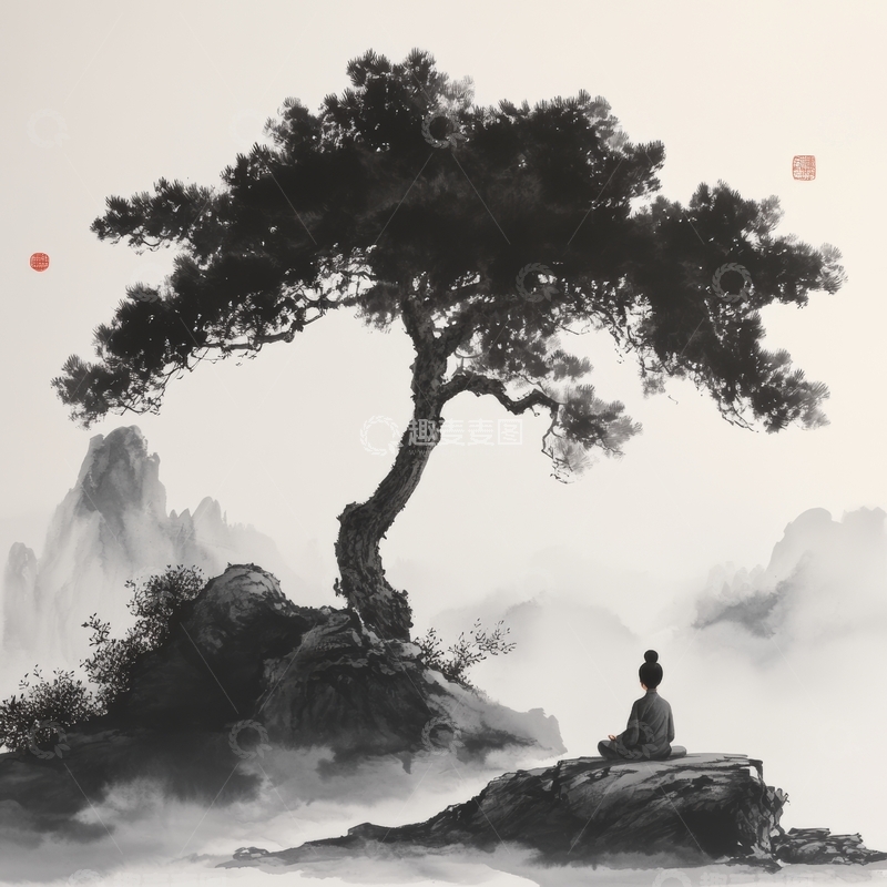 高清大图下载【趣麦麦图】松下独坐，云雾缭绕