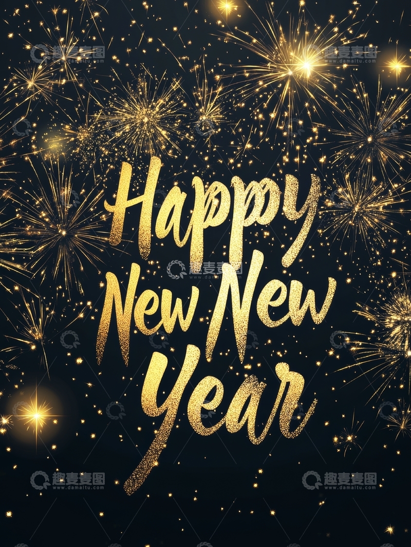 高清大图下载【趣麦麦图】金色烟花背景下的新年祝福