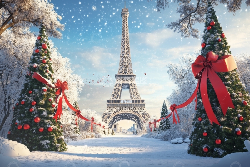 高清大图下载【趣麦麦图】雪景中的埃菲尔铁塔与圣诞树