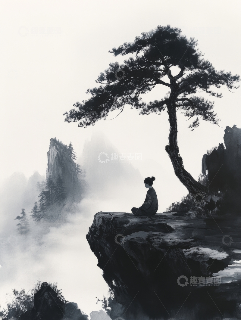 高清大图下载【趣麦麦图】山巅独坐，松影朦胧