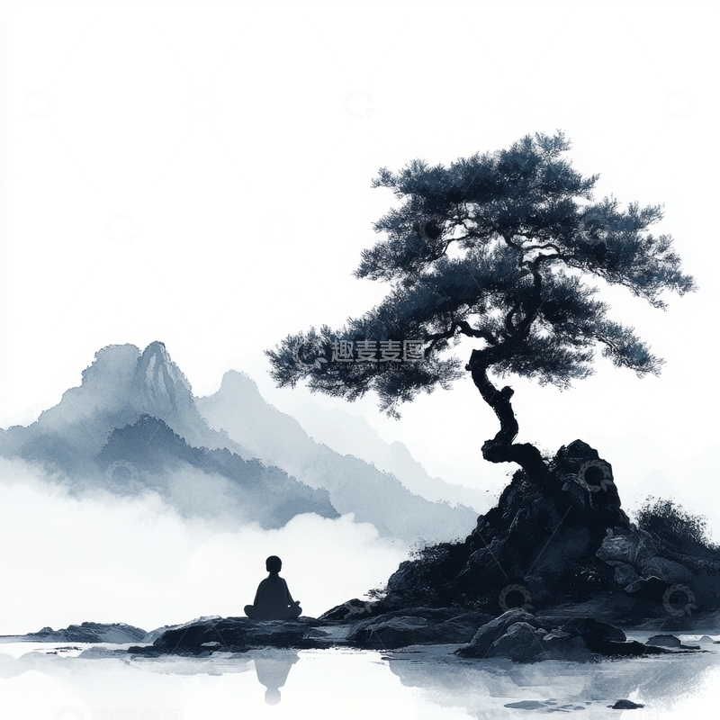 高清大图下载【趣麦麦图】山间孤树旁静坐冥想之人