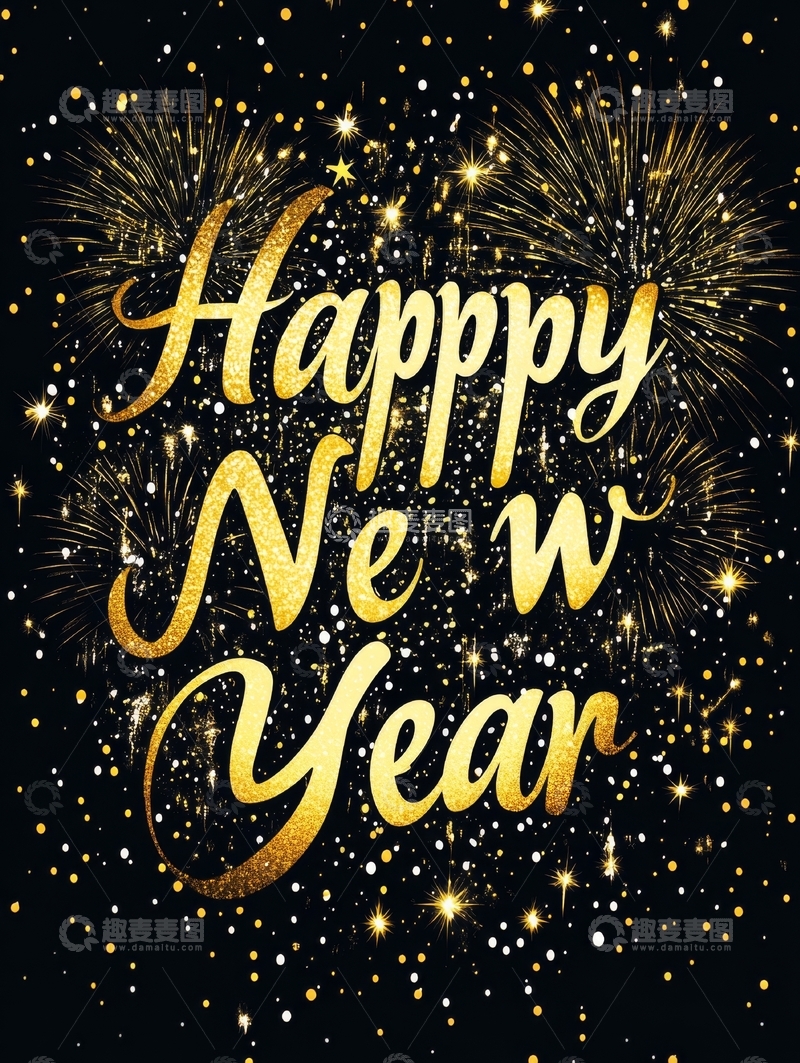 高清大图下载【趣麦麦图】金色烟花背景的快乐新年祝福