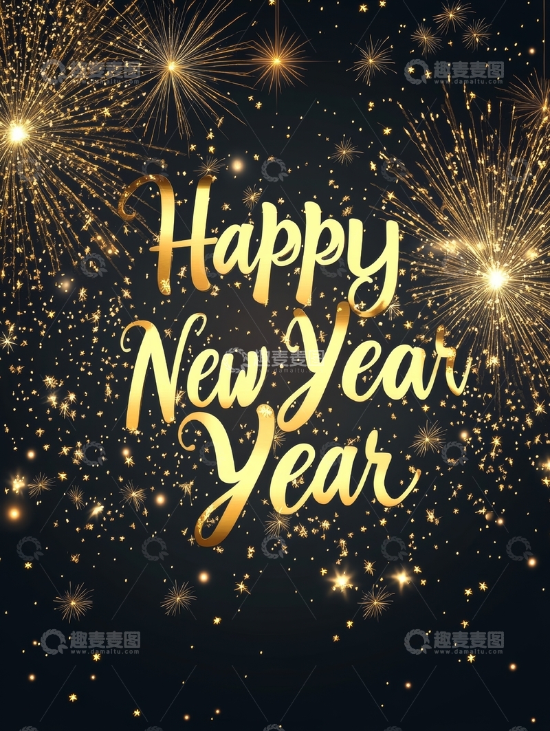 高清大图下载【趣麦麦图】金色烟花背景下的新年祝福