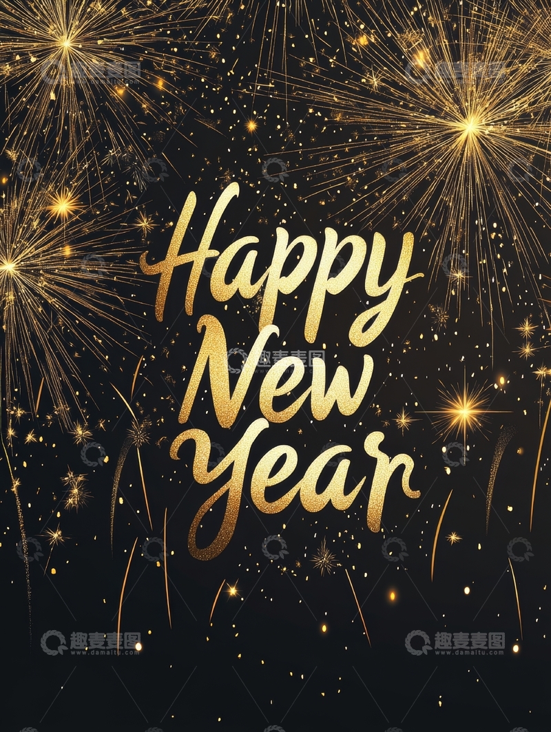 高清大图下载【趣麦麦图】金色烟花背景下的新年祝福