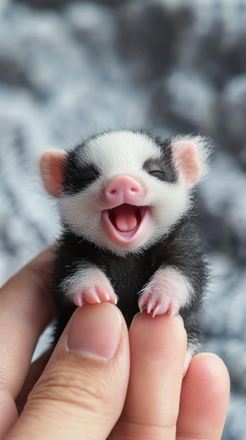 手捧可爱小雪貂，张嘴微笑