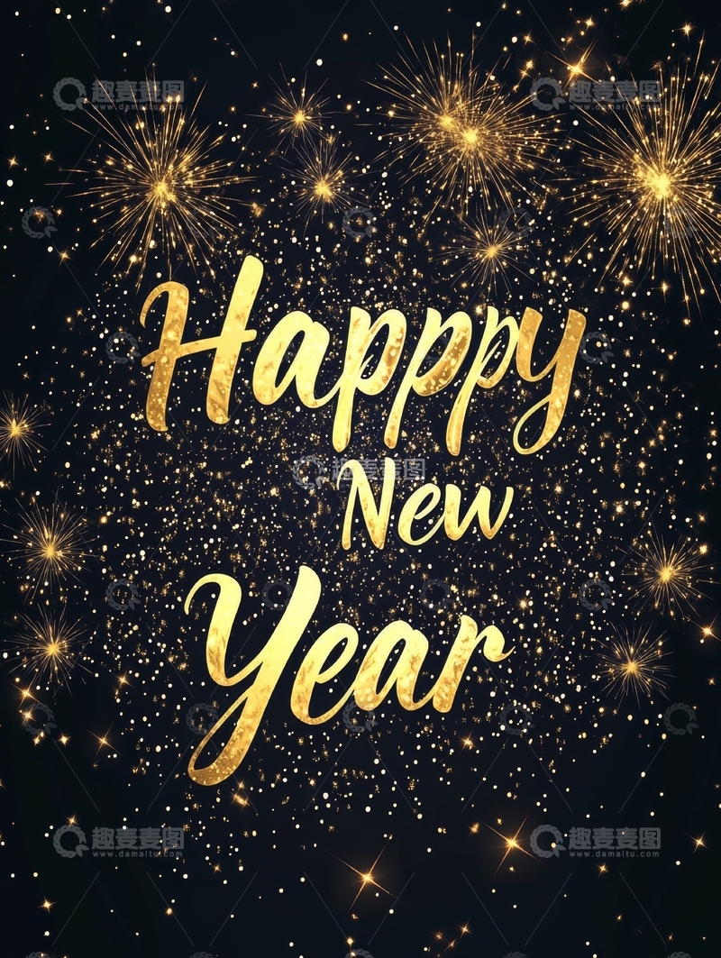 高清大图下载【趣麦麦图】金色烟花背景下的新年祝福