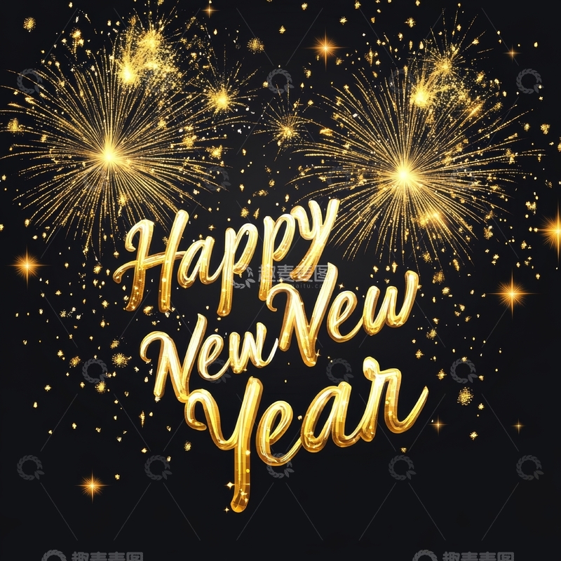 高清大图下载【趣麦麦图】金色烟花与新年祝福文字