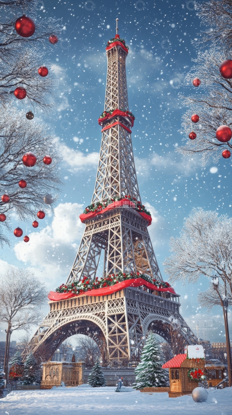 高清大图下载【趣麦麦图】雪景中的埃菲尔铁塔