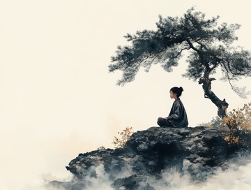 山巅树下静坐冥想之人
