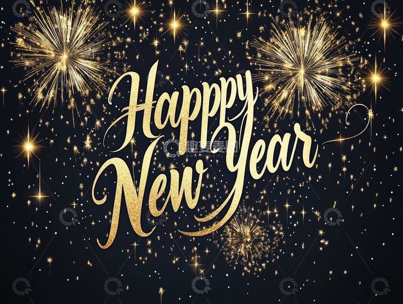 高清大图下载【趣麦麦图】金色烟花背景下的新年祝福