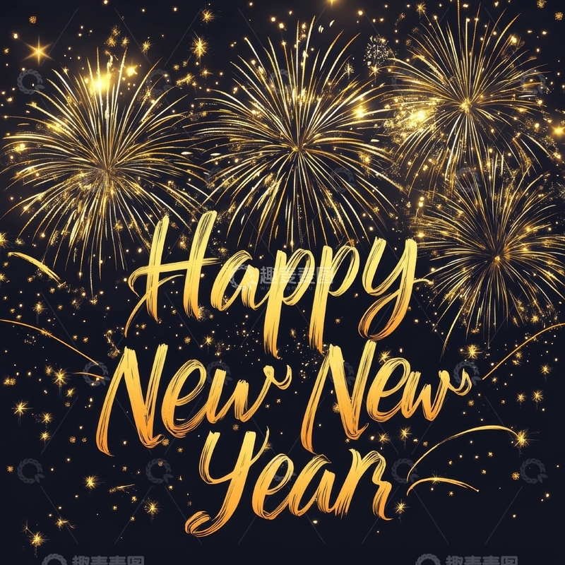 高清大图下载【趣麦麦图】金色烟花背景下的新年祝福
