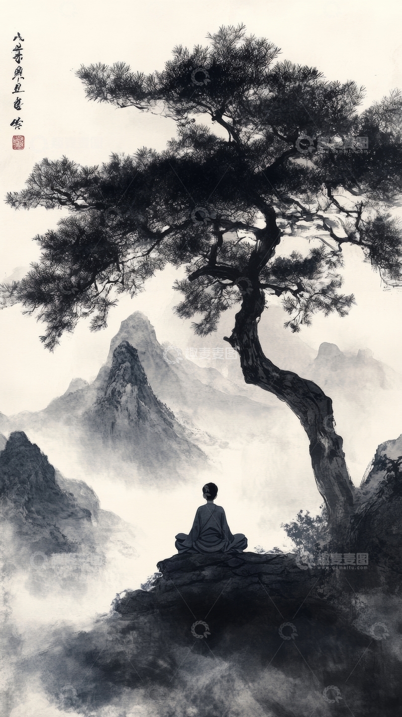 高清大图下载【趣麦麦图】山间松下静坐冥想