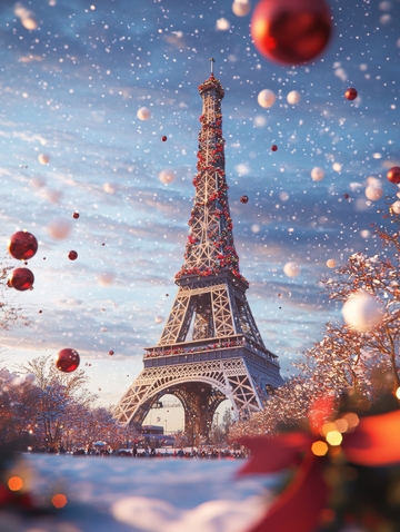 雪中埃菲尔铁塔的圣诞美景