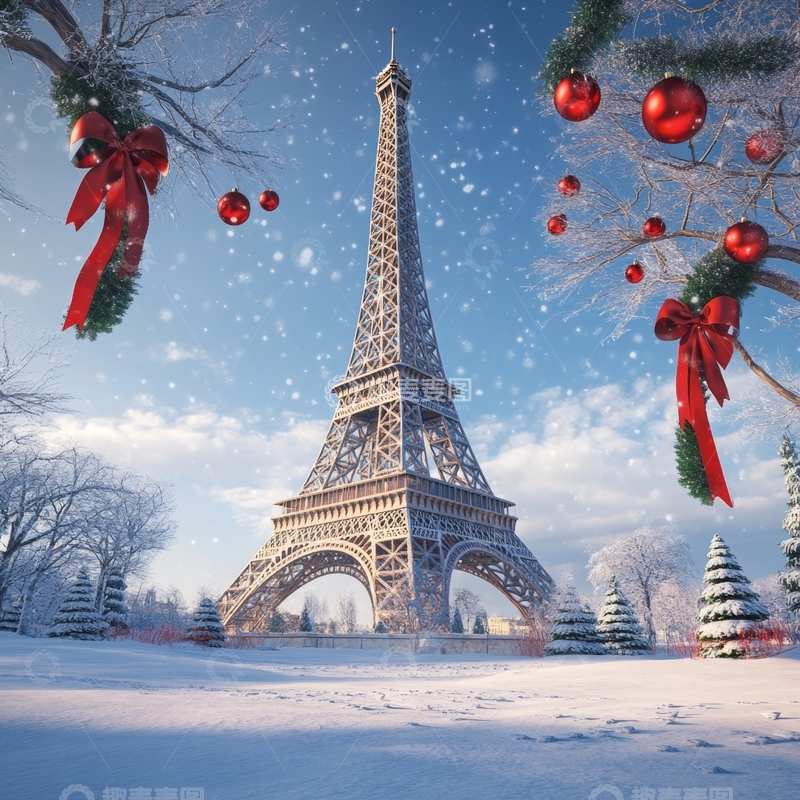 高清大图下载【趣麦麦图】雪景中的埃菲尔铁塔与圣诞装饰