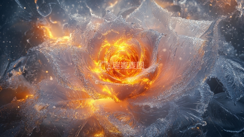 高清大图下载【趣麦麦图】火焰与冰晶交织的奇幻玫瑰