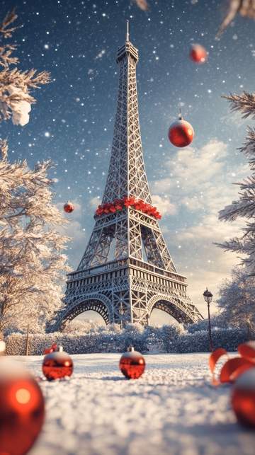 雪夜中的埃菲尔铁塔与圣诞装饰