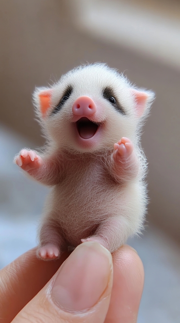 手托可爱小动物，张嘴大笑