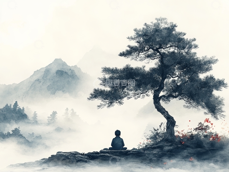 高清大图下载【趣麦麦图】山间孤树下静坐之人