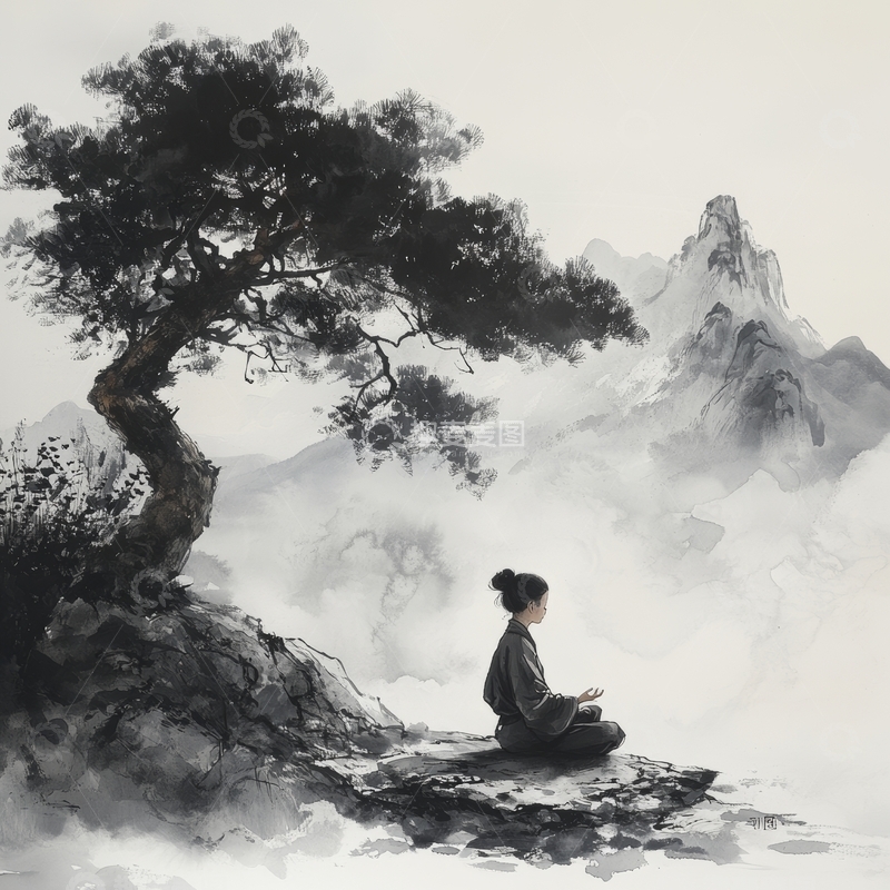 高清大图下载【趣麦麦图】山间树下静坐冥想之人