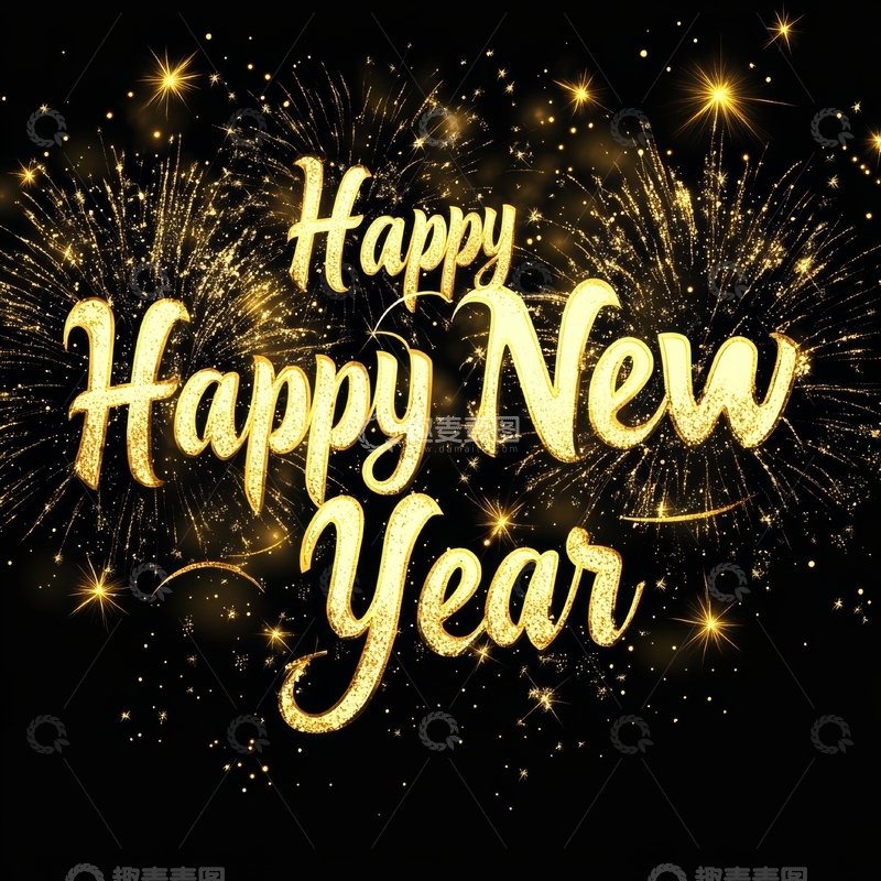 高清大图下载【趣麦麦图】金色烟花背景下的新年祝福