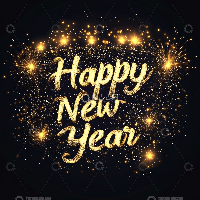 高清大图下载【趣麦麦图】金色烟花背景下的新年祝福语