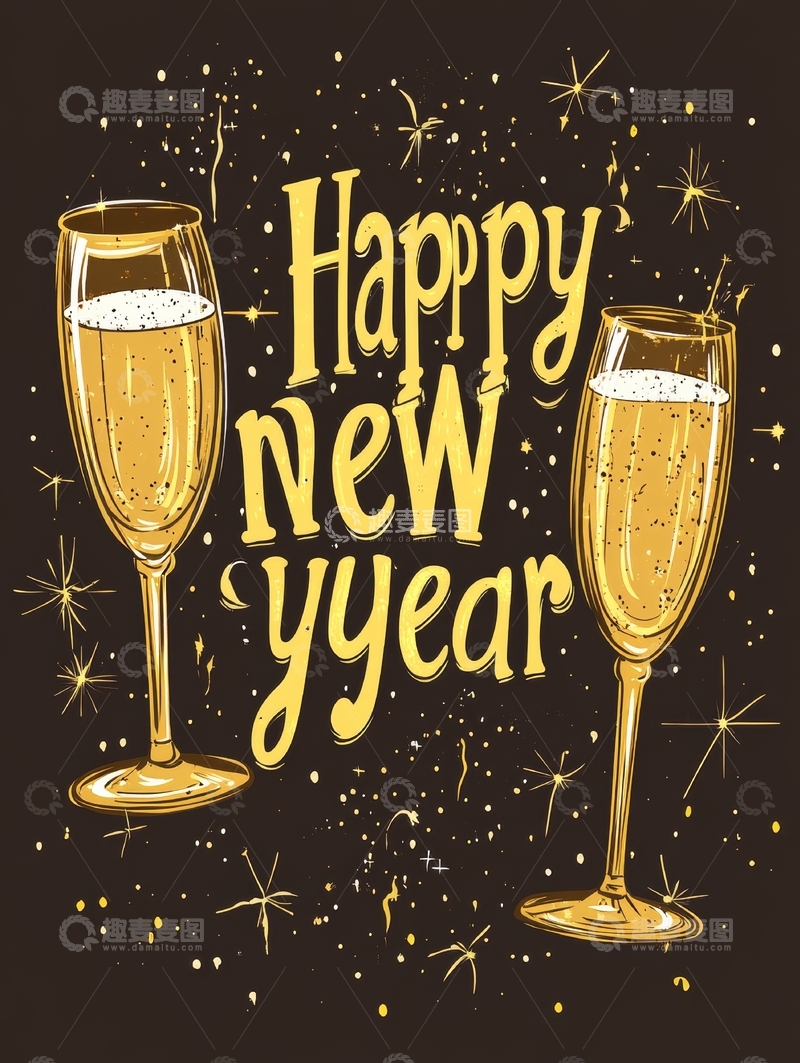 高清大图下载【趣麦麦图】新年庆祝：香槟与金色祝福