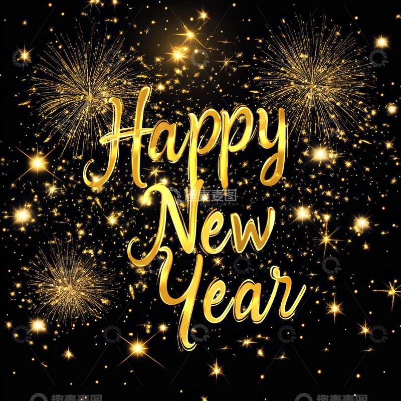 高清大图下载【趣麦麦图】金色烟花背景下的新年祝福