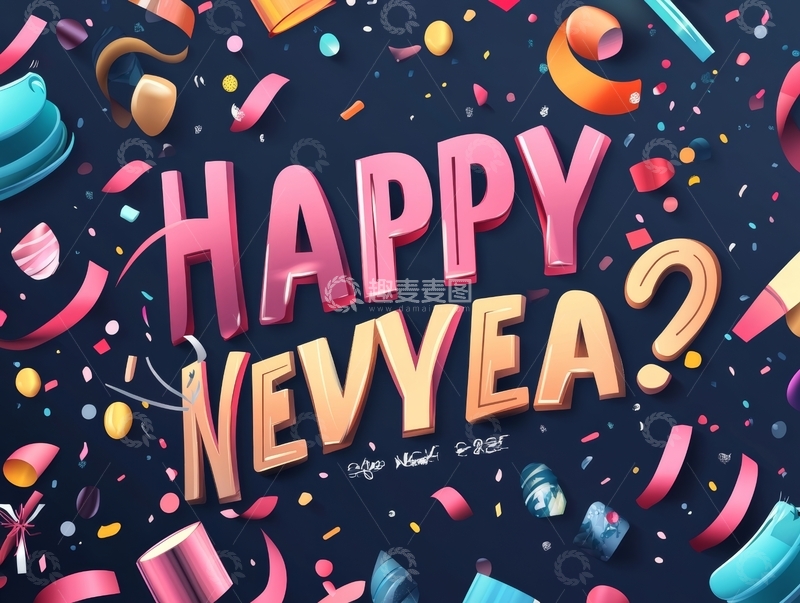 高清大图下载【趣麦麦图】新年庆祝背景，彩色文字与彩带