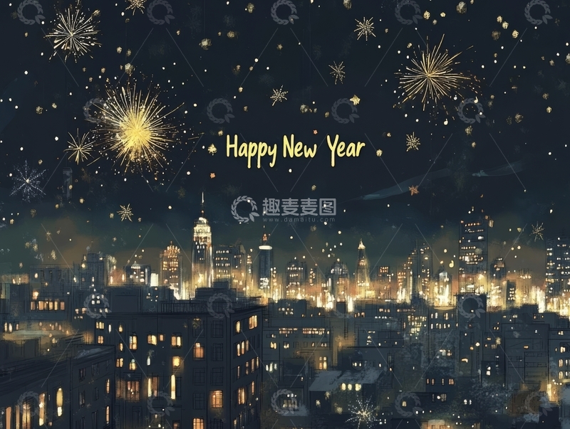 高清大图下载【趣麦麦图】新年夜城市烟花庆祝