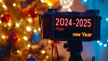 相机显示2024-2025新年祝福，背景为圣诞树