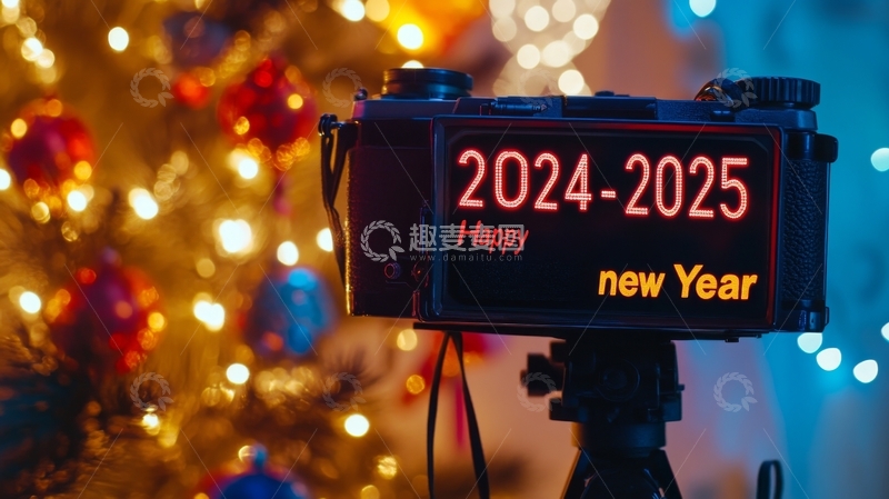 相机显示2024-2025新年祝福，背景为圣诞树