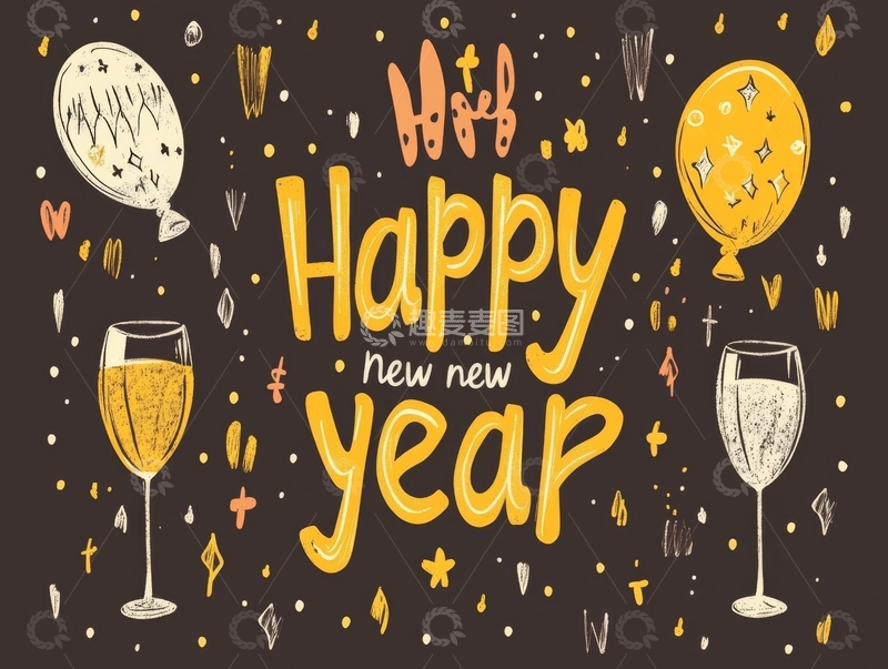 高清大图下载【趣麦麦图】新年庆祝插画，金色文字与气球
