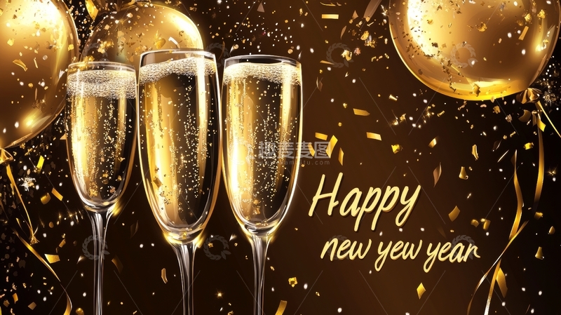 高清大图下载【趣麦麦图】新年庆祝场景：香槟与金色气球