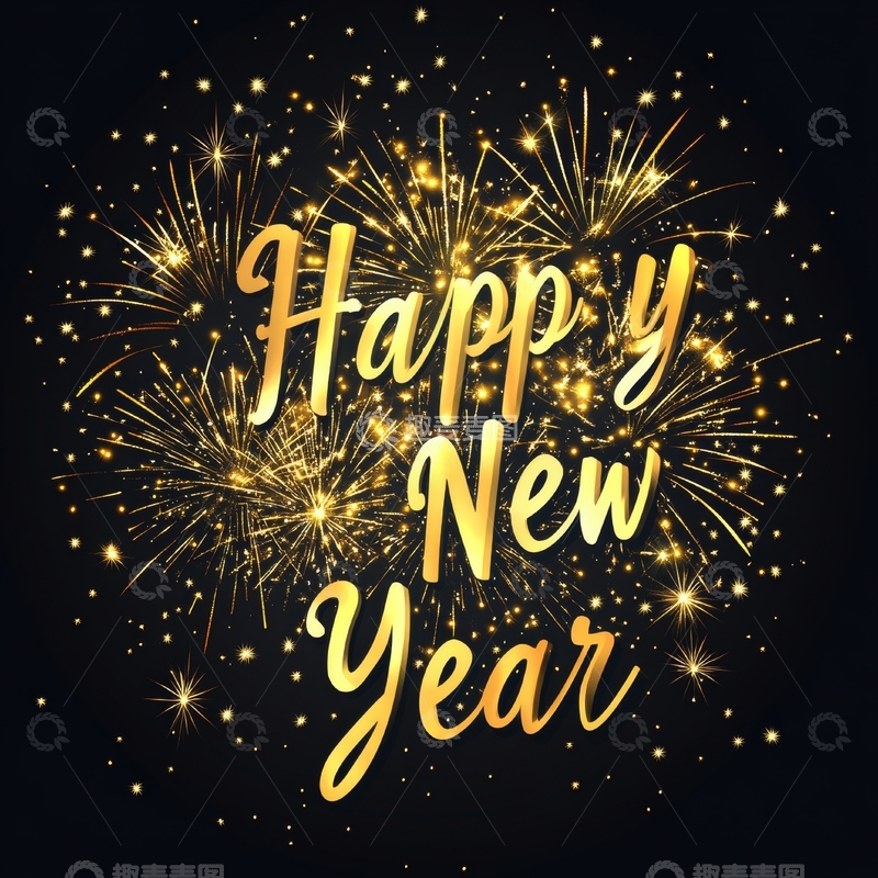 高清大图下载【趣麦麦图】金色烟花背景下的新年祝福