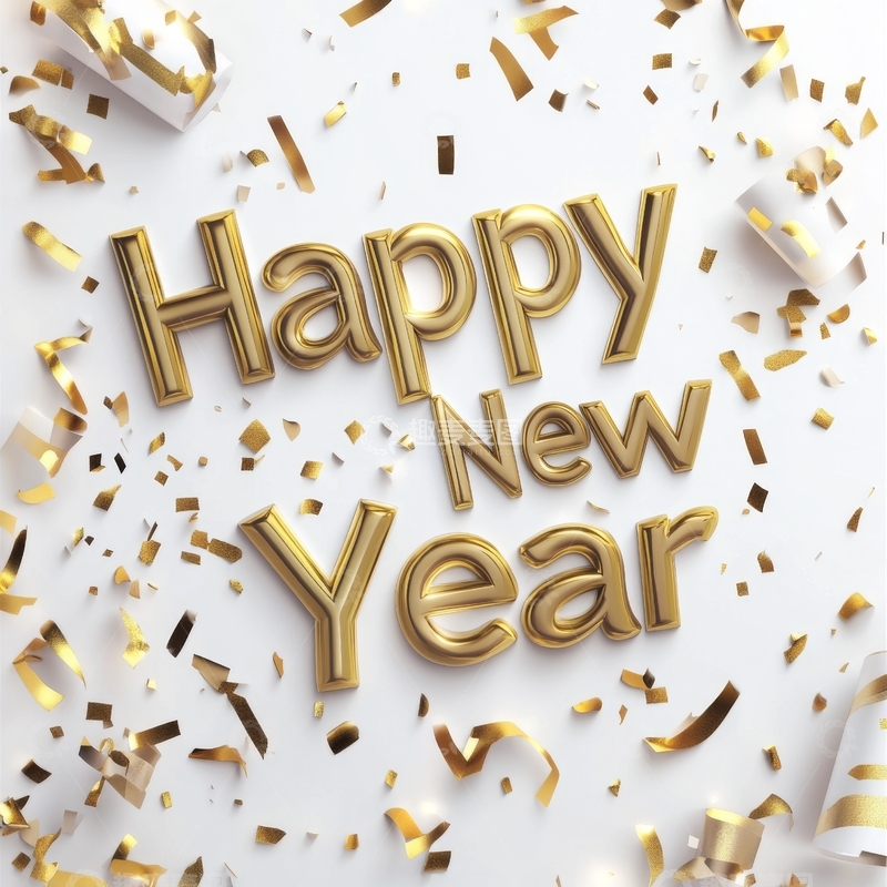 高清大图下载【趣麦麦图】金色新年祝福文字与彩带背景