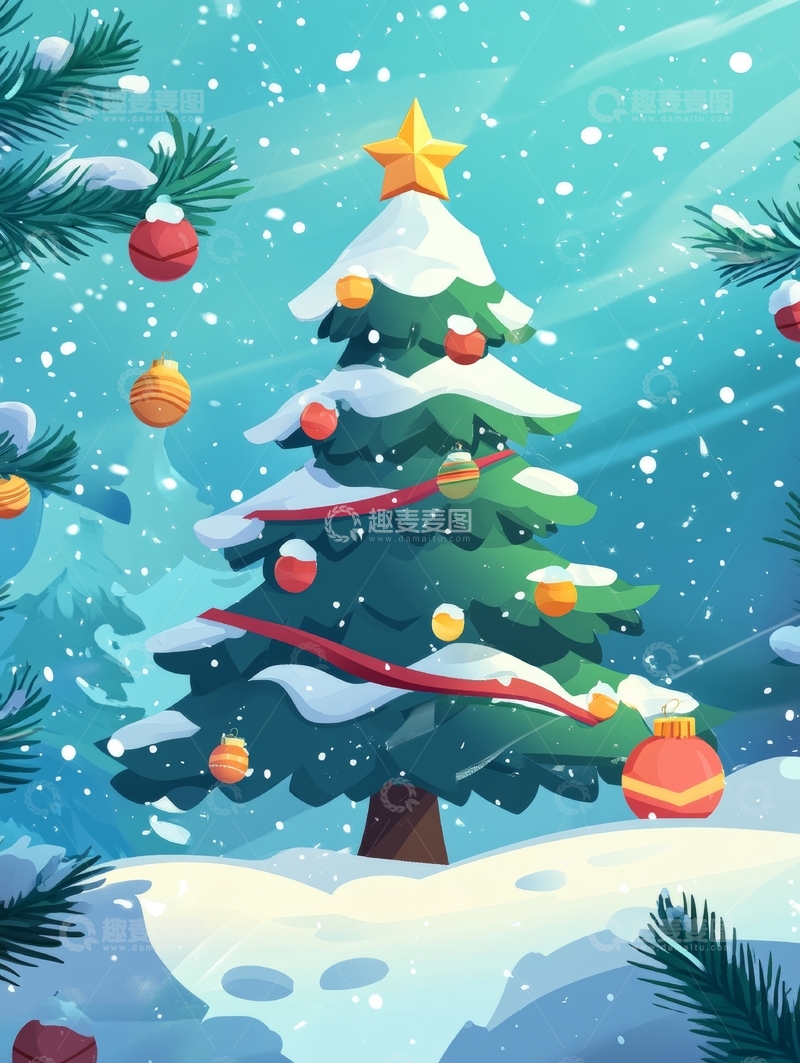 高清大图下载【趣麦麦图】雪中装饰的圣诞树