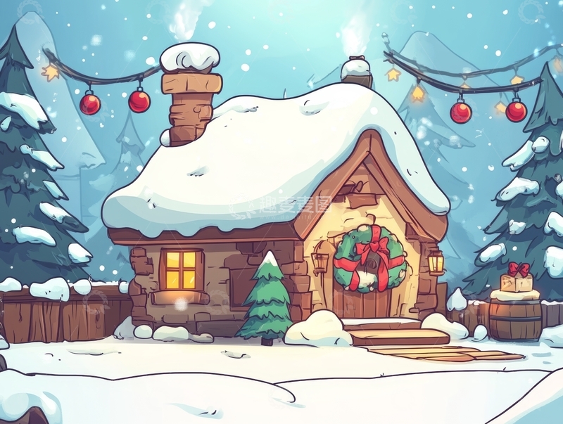 高清大图下载【趣麦麦图】雪景中的温馨小屋