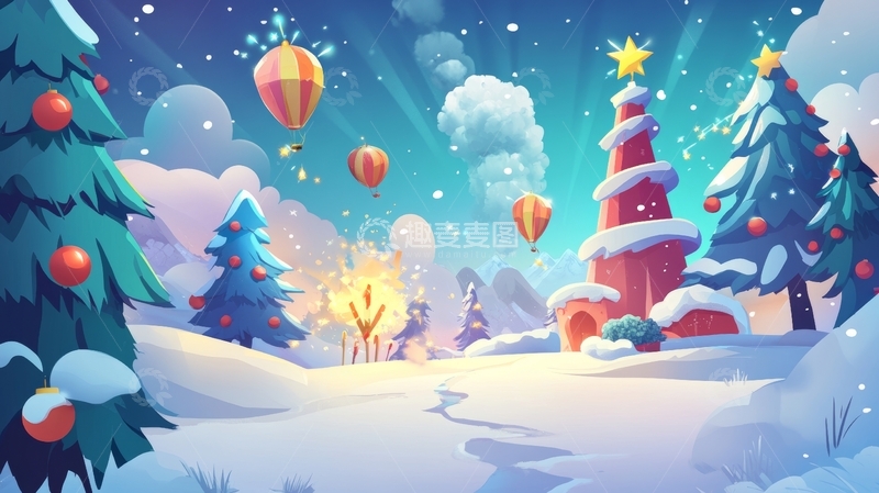 高清大图下载【趣麦麦图】冬日雪景与热气球