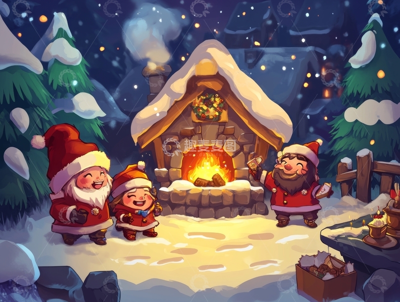 高清大图下载【趣麦麦图】雪夜篝火旁的圣诞老人与孩子