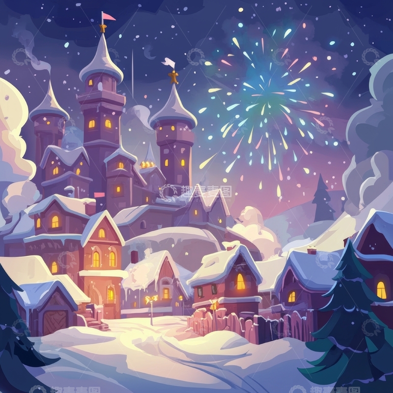 高清大图下载【趣麦麦图】冬夜城堡烟花绽放