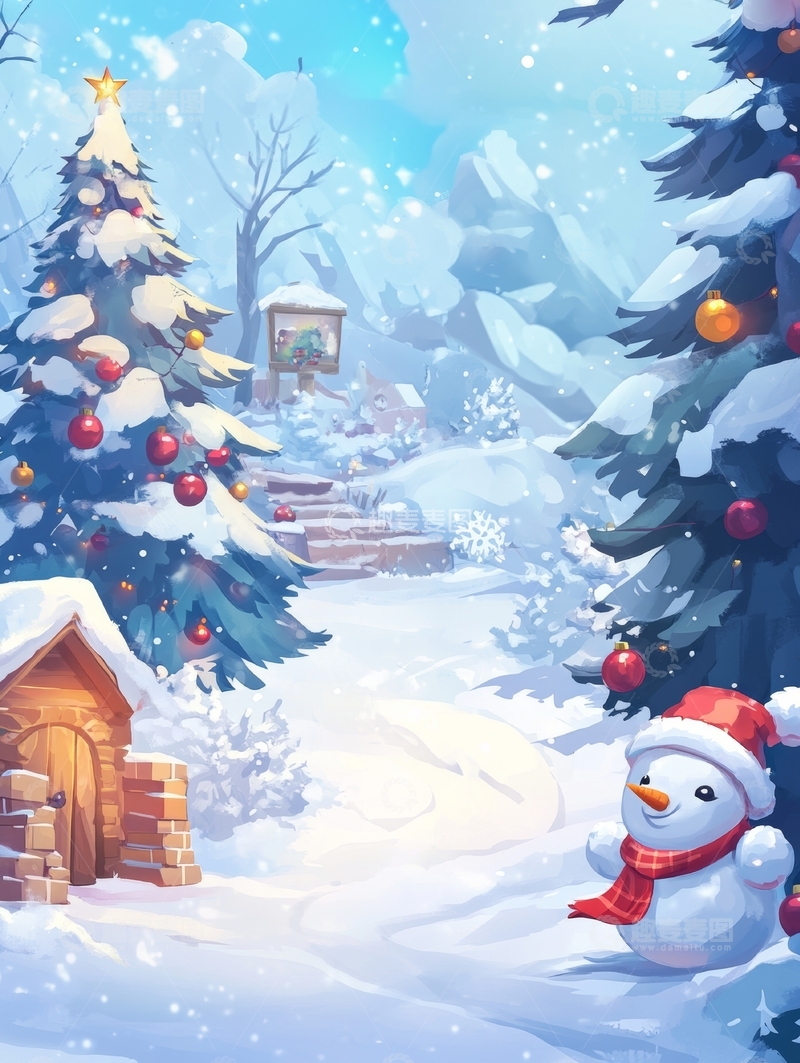 高清大图下载【趣麦麦图】雪景中的圣诞树与雪人
