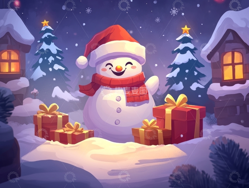 高清大图下载【趣麦麦图】雪人与礼物的冬夜场景