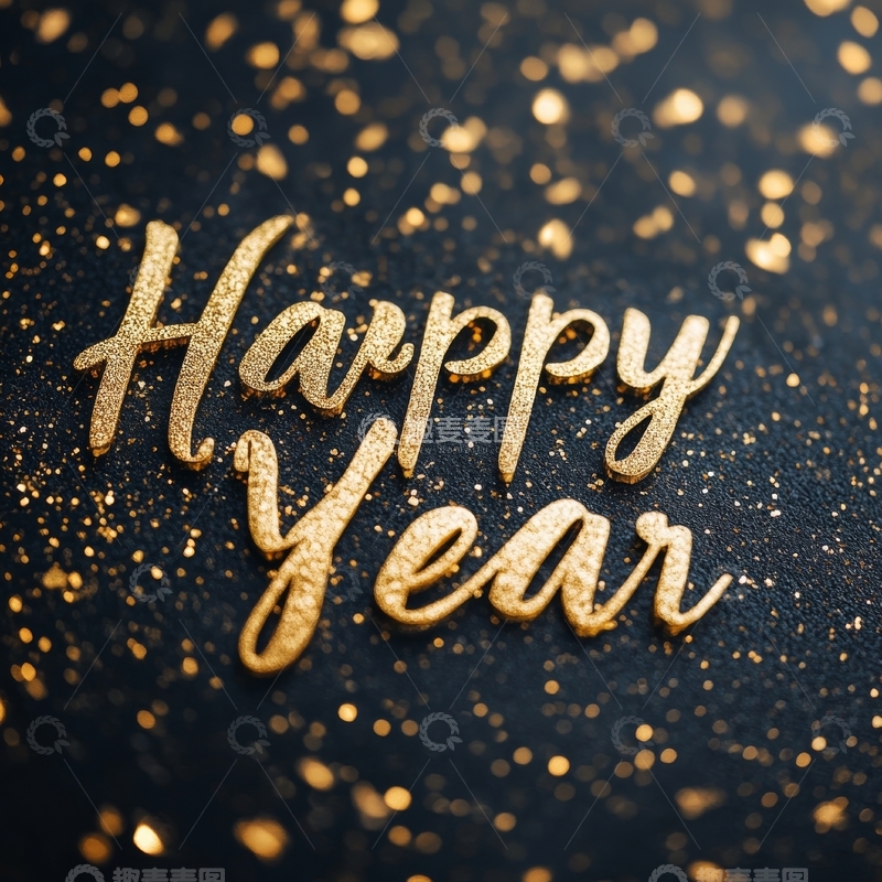 金色文字“Happy Year”在深色背景上的节日装饰