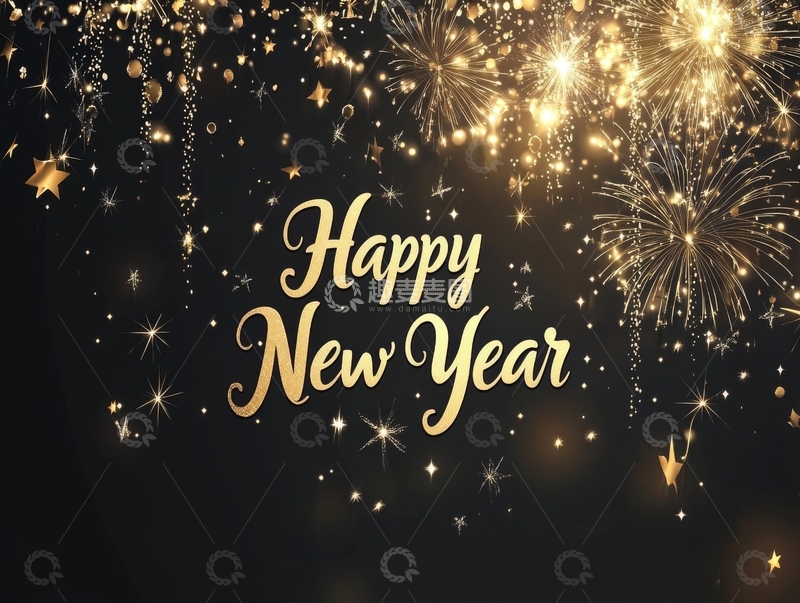 高清大图下载【趣麦麦图】金色烟花背景下的新年祝福