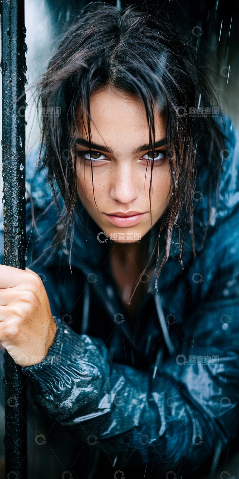 高清大图下载【趣麦麦图】-雨中女子，湿发凝视