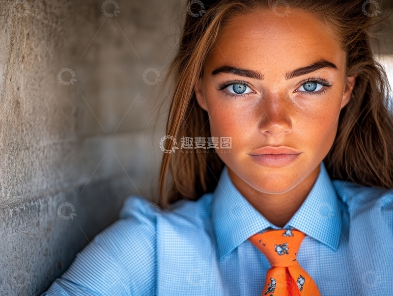 高清大图下载【趣麦麦图】穿蓝色衬衫和橙色领带的年轻女性