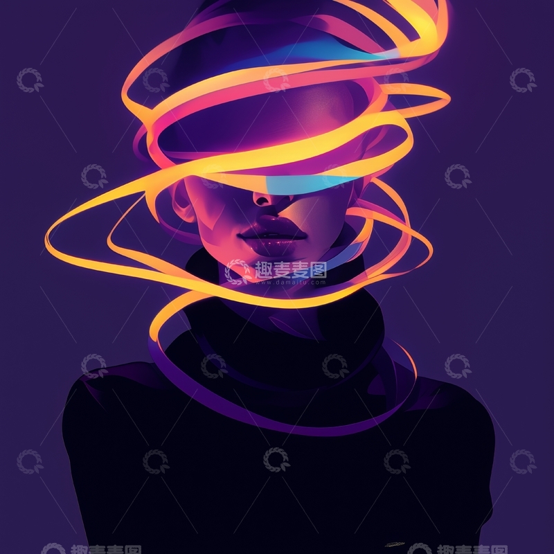 高清大图下载【趣麦麦图】霓虹光带环绕的神秘女性肖像