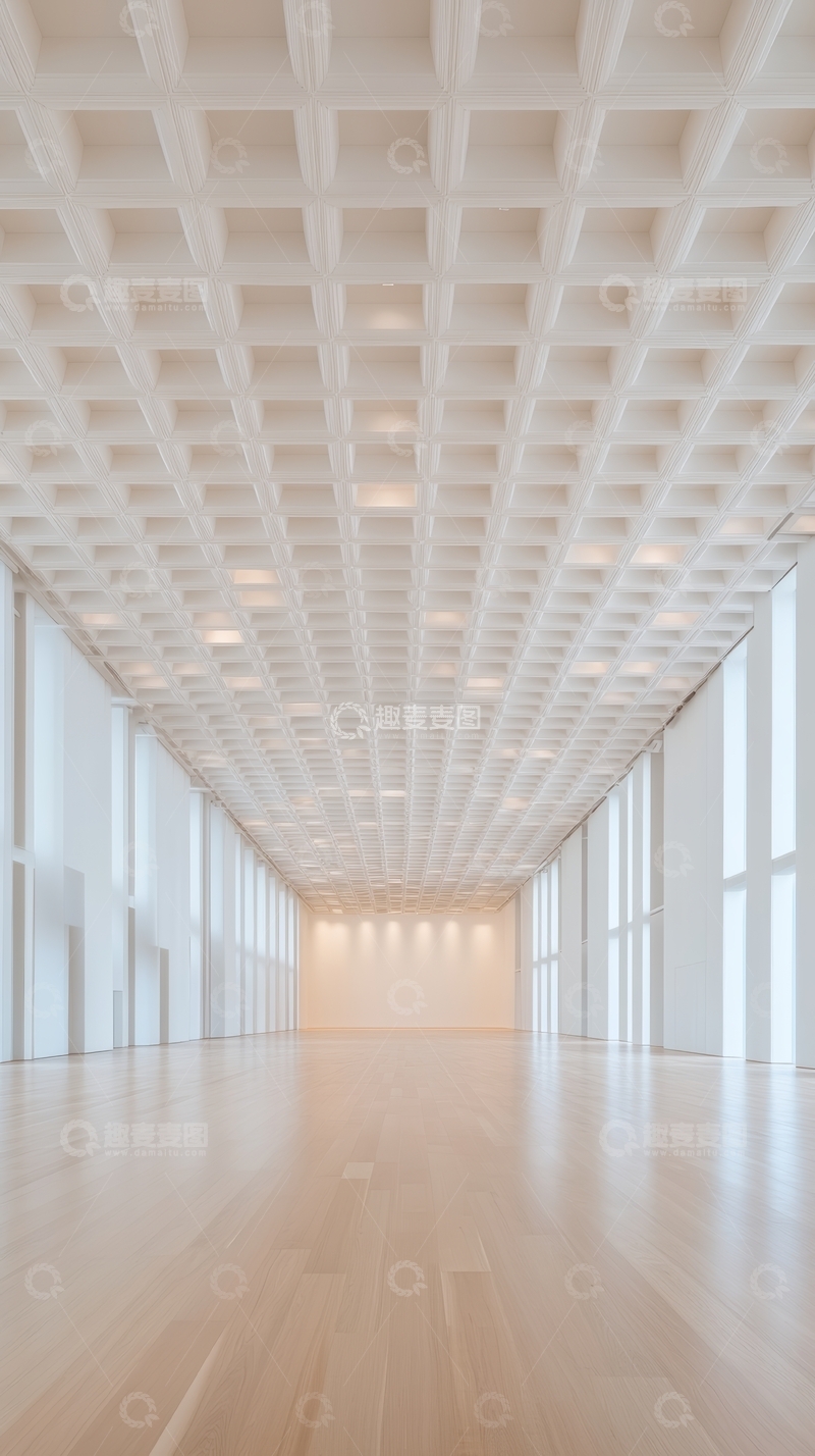 高清大图下载【趣麦麦图】现代简约长廊，木质地板与白色天花板