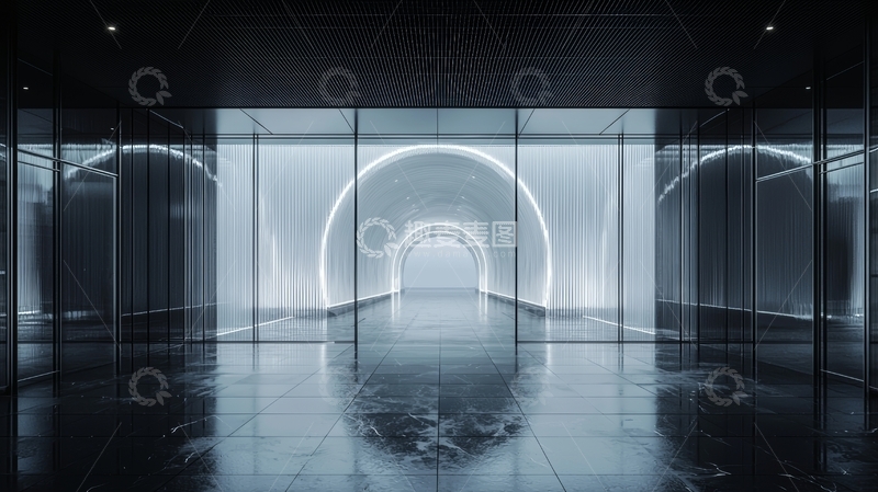 高清大图下载【趣麦麦图】现代玻璃走廊与发光拱门