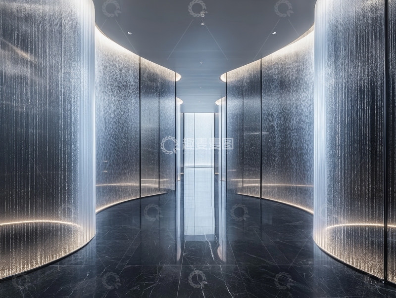 高清大图下载【趣麦麦图】现代建筑内部的光影水幕走廊